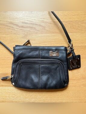 Tignanello Black Leather Crossbody with Front Zip Pocket
